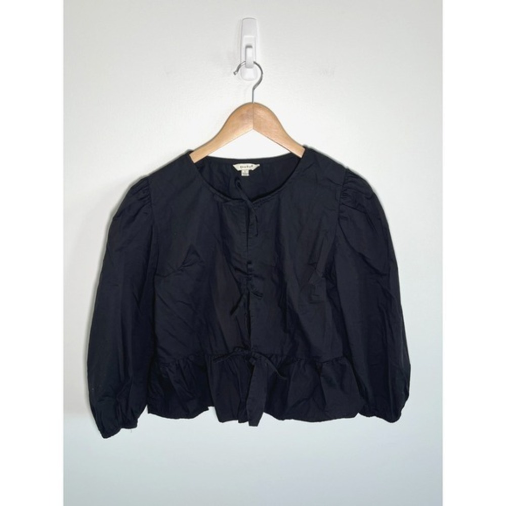 Womens Tie Front Peplum Top Cottage Minimalist Quiet Luxury Black Large